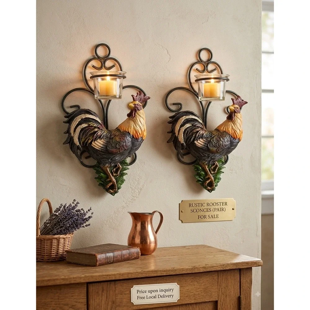 Rustic Rooster Wall Sconce Pair OS Multicolor Excellent Country chic Grannycore